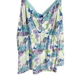 Avon Plus Size 3X Sleep Tank Top Blue White Lace Butterflies Stretch‎ 140
